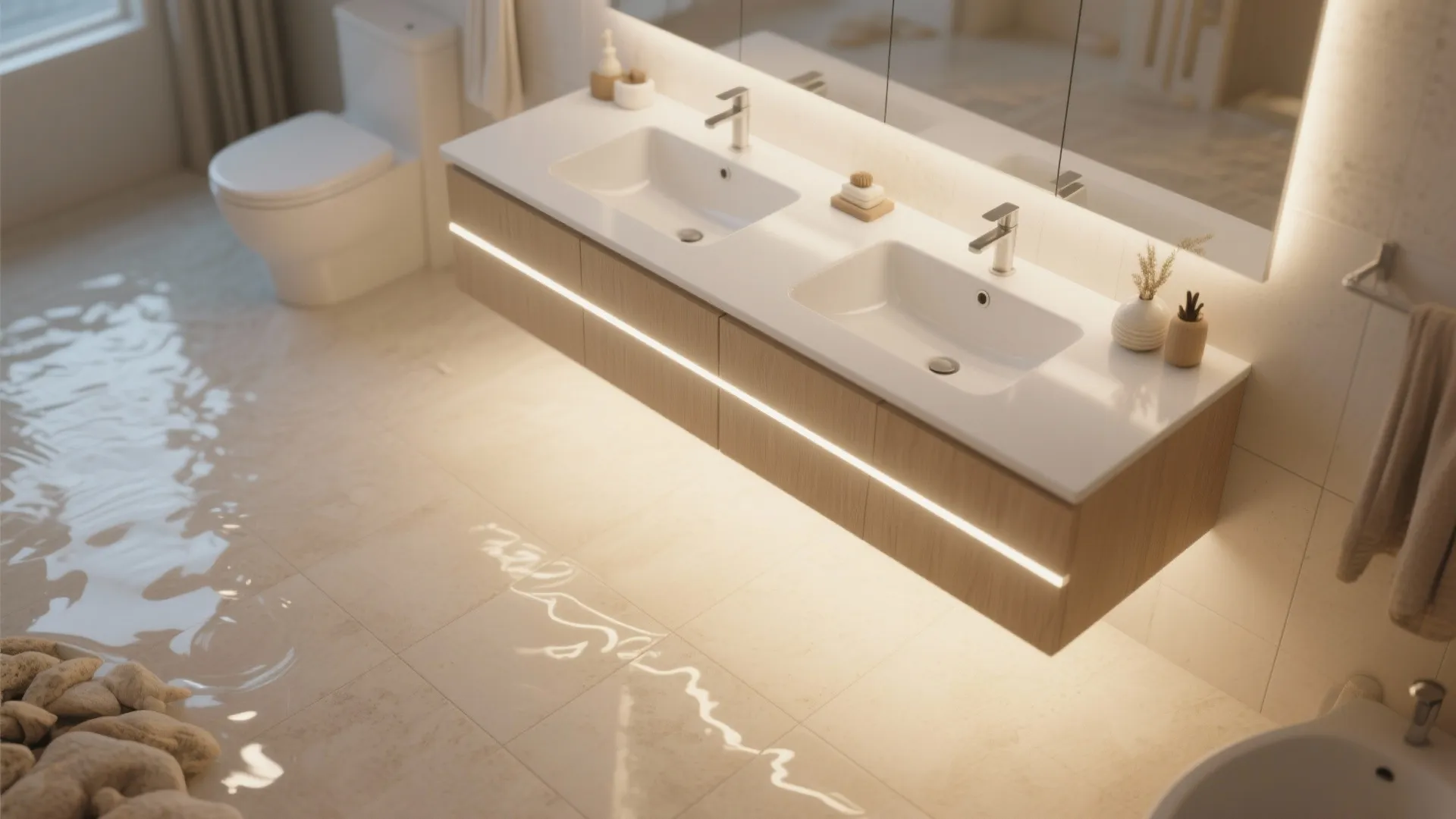 Modern bathroom vanity with double sinks featuring warm led strip lighting underneath the wooden cabinet