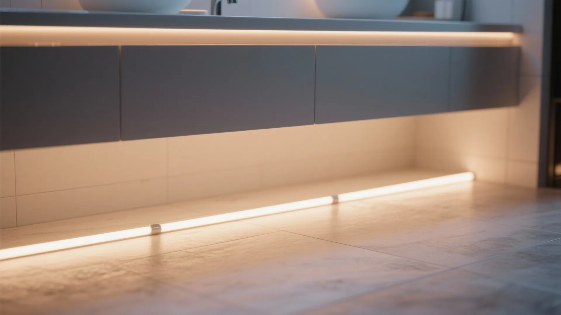 Close up of bathroom cabinet with warm light strip on floor and under the grey drawers