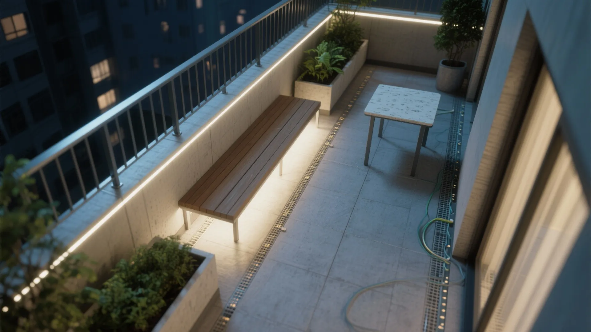 Modern balcony at night with integrated strip lighting under the bench and along the railing