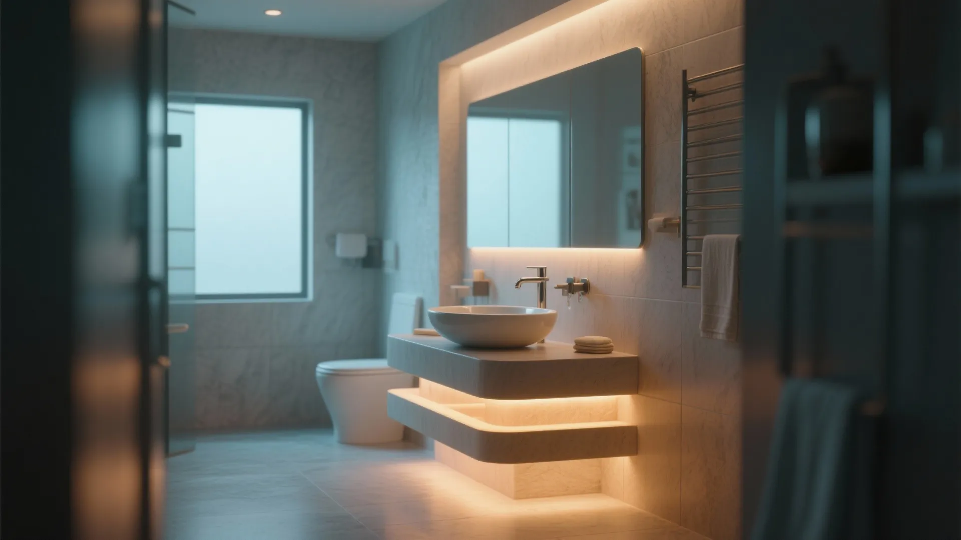 Modern vessel sink with integrated LED lighting base in spa-like bathroom