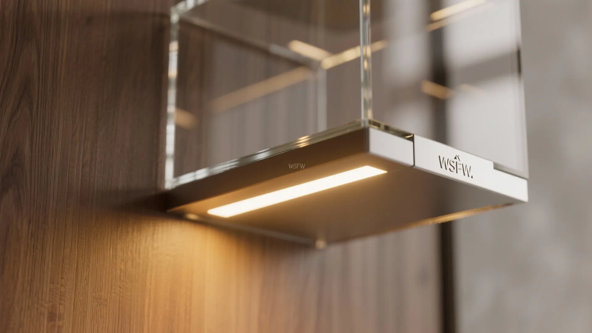 LED-lit floating vitrines, warm dim from 3000K to 2000K