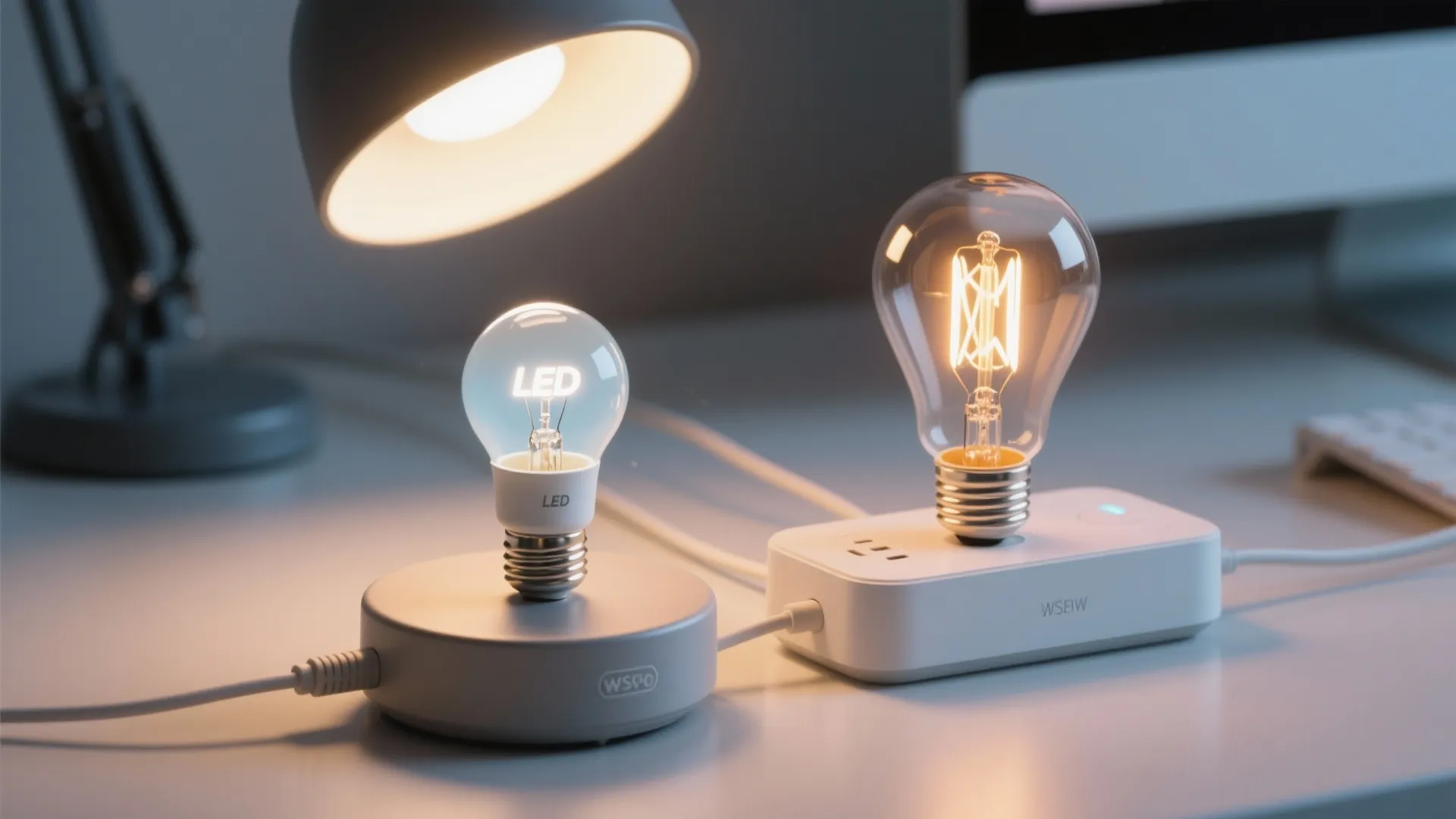 Modern led light bulb compared with a traditional glass light bulb on a white office desk