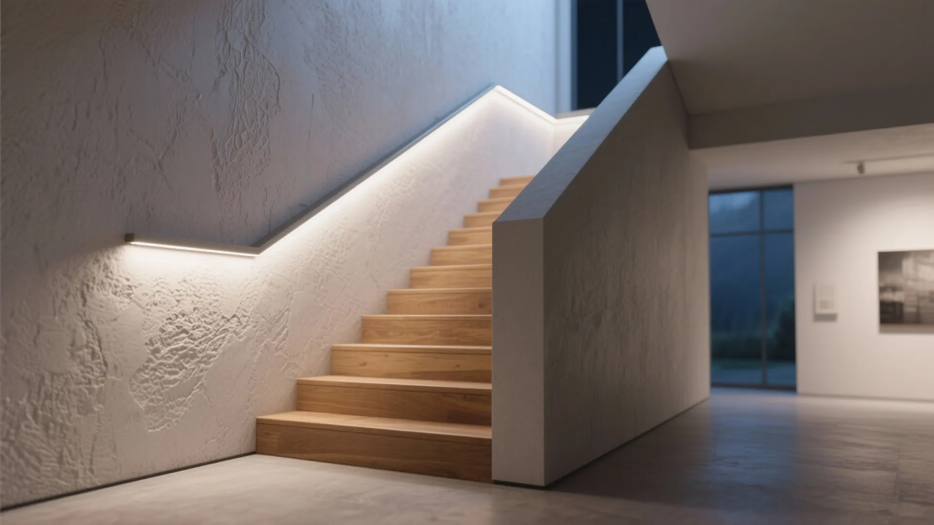 Slim LED wall grazers along the stair run
