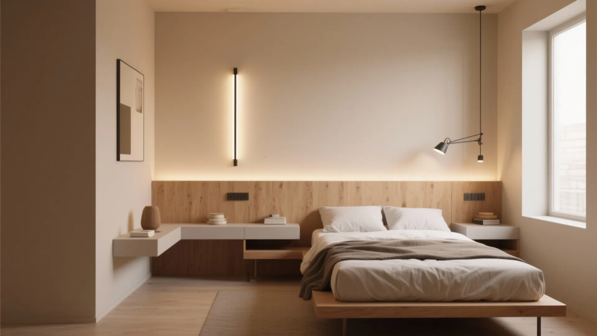 Minimalist bedroom featuring wooden wall panel bed with white sheets and long vertical wall light