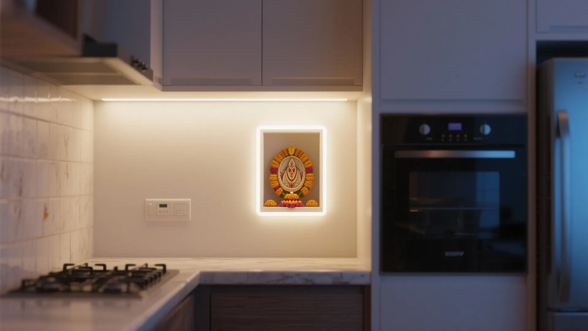 Wall-mounted pooja niche with LED backlighting