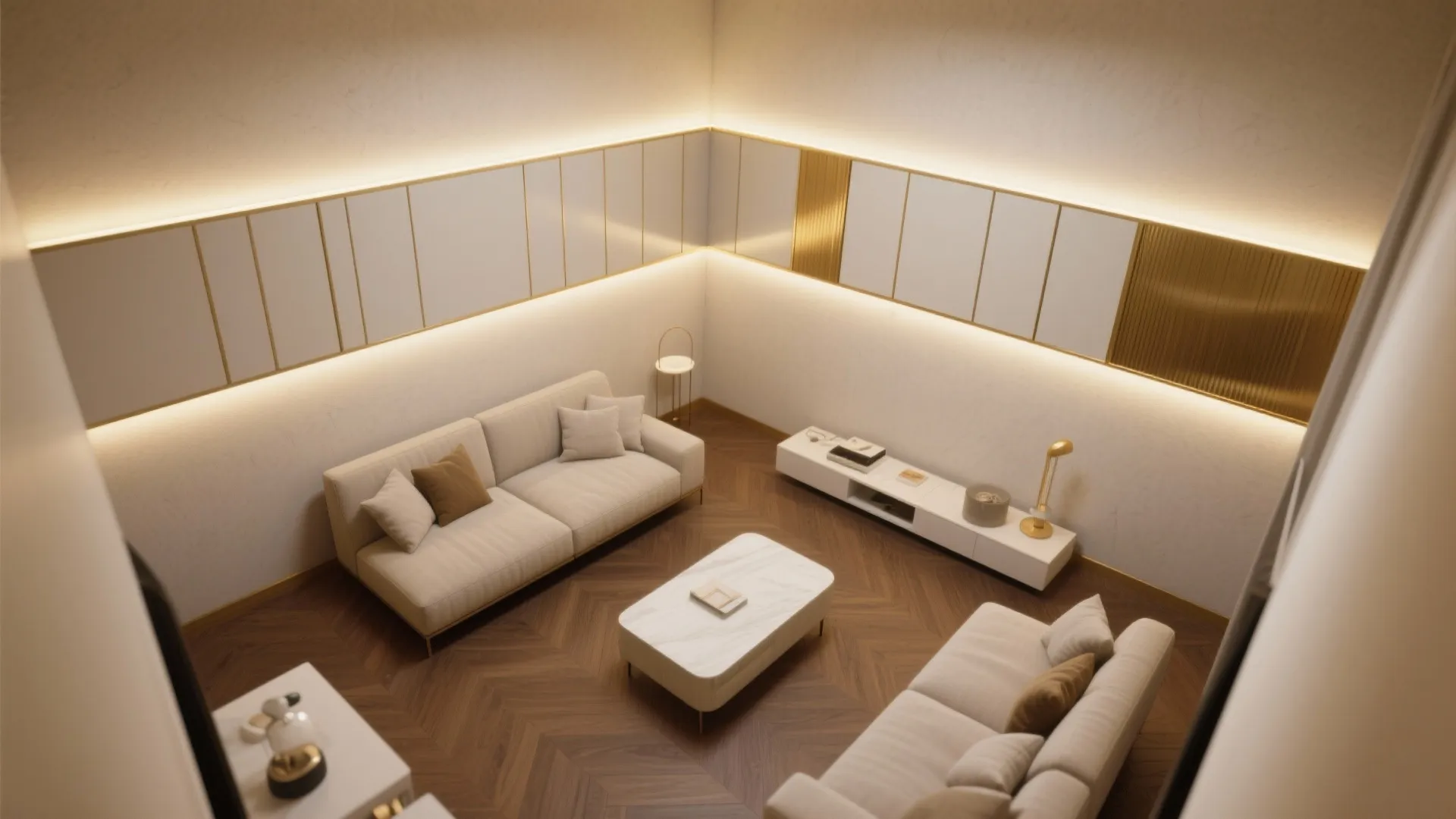 Top-down view of a small room with integrated LED wall panels trimmed in gold providing even warm light.