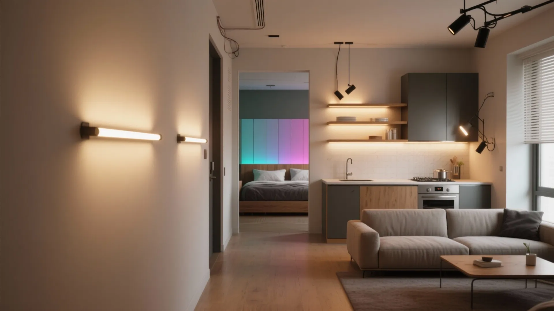 Modern open living room with grey sofa wooden floor wall light kitchen and colorful bedroom view