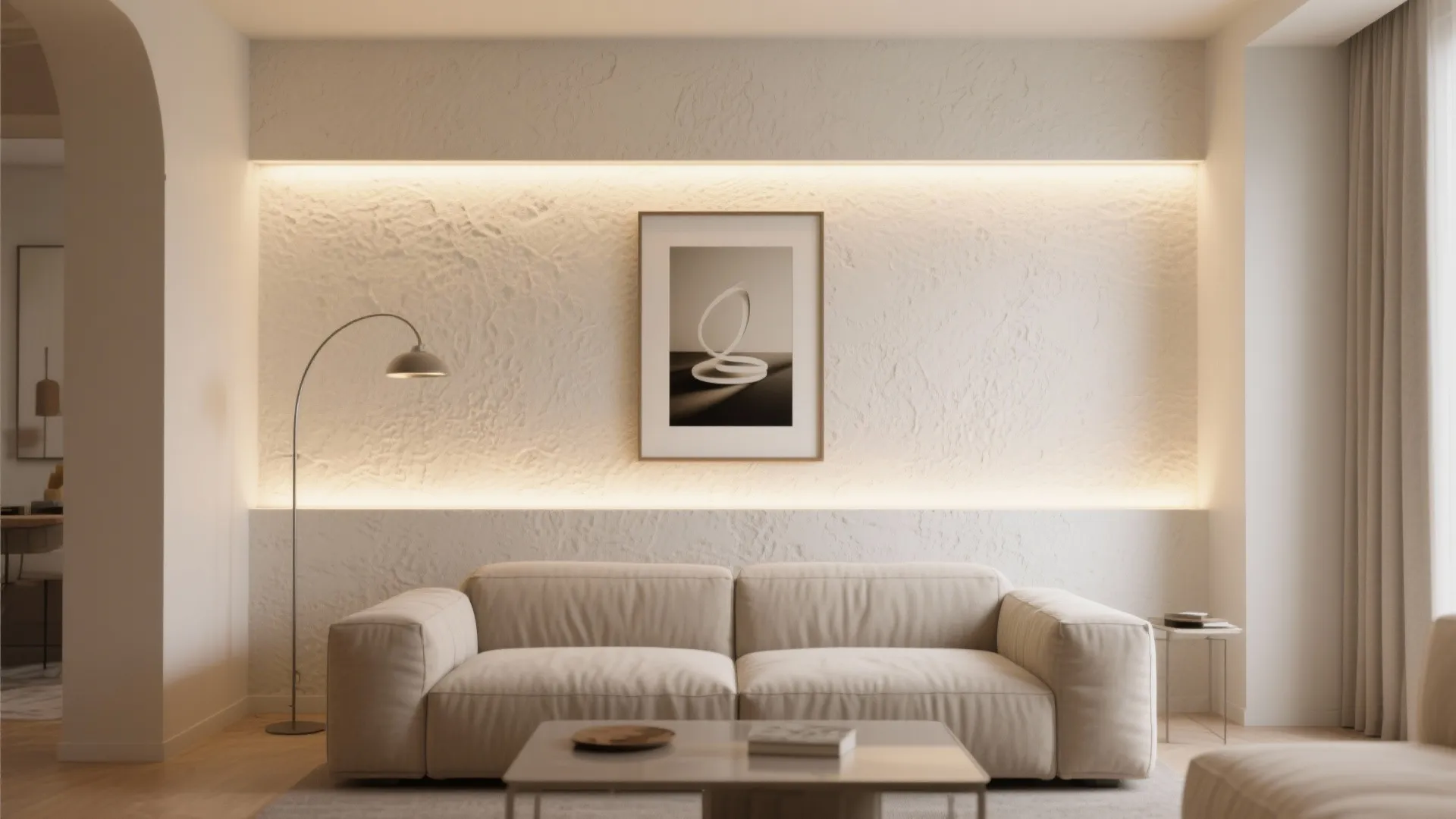 Minimalist living room with beige sofa textured wall artwork floor lamp and hidden warm light