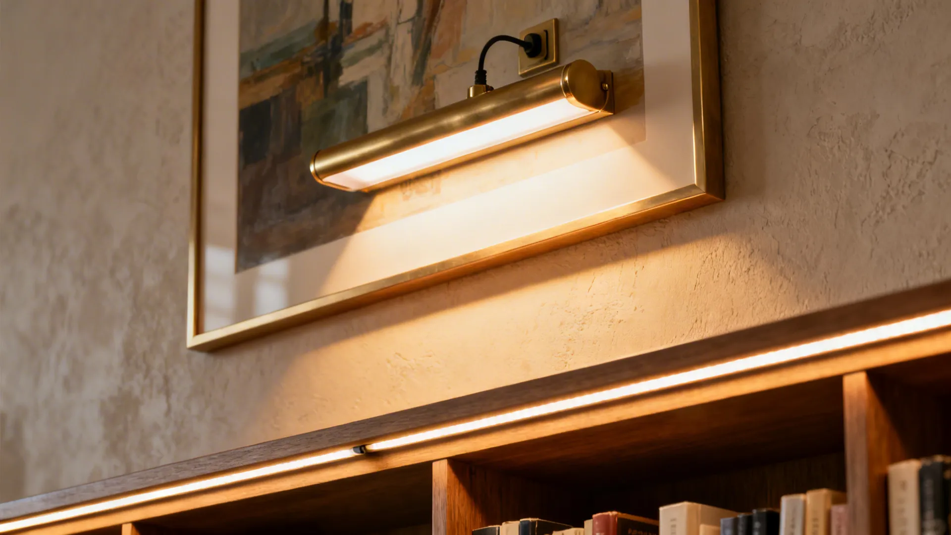 LED strip hidden above a bookshelf creates an indirect wall wash with a picture light softly illuminating artwork.