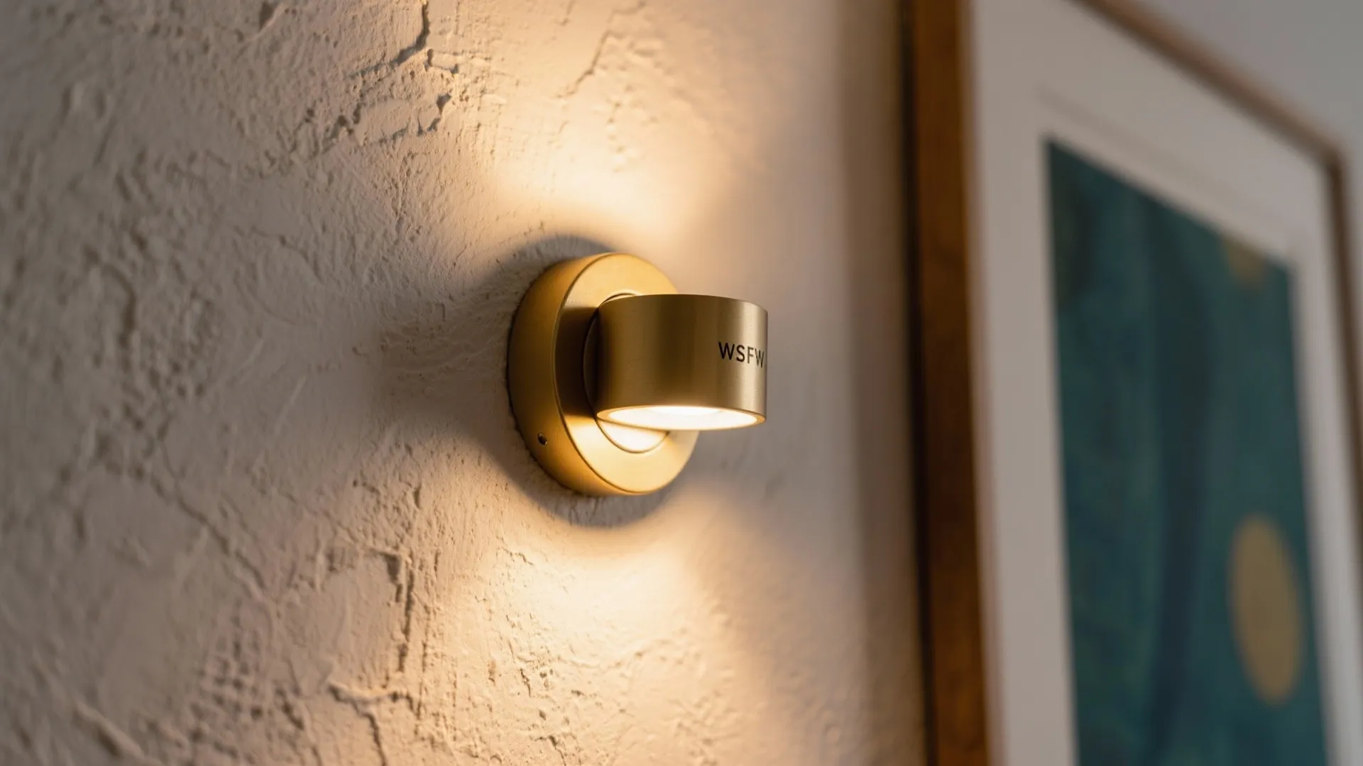 Modern gold wall light mounted on a white textured wall next to a framed art piece