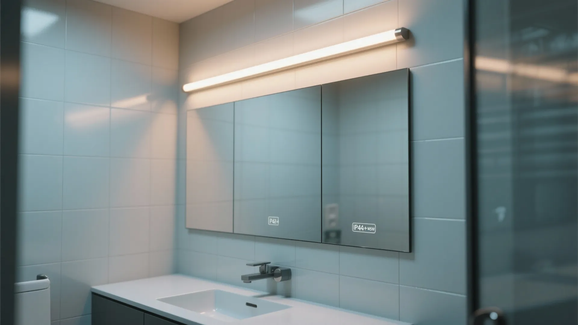 Modern bathroom with long horizontal wall light above large mirrors and a clean white sink