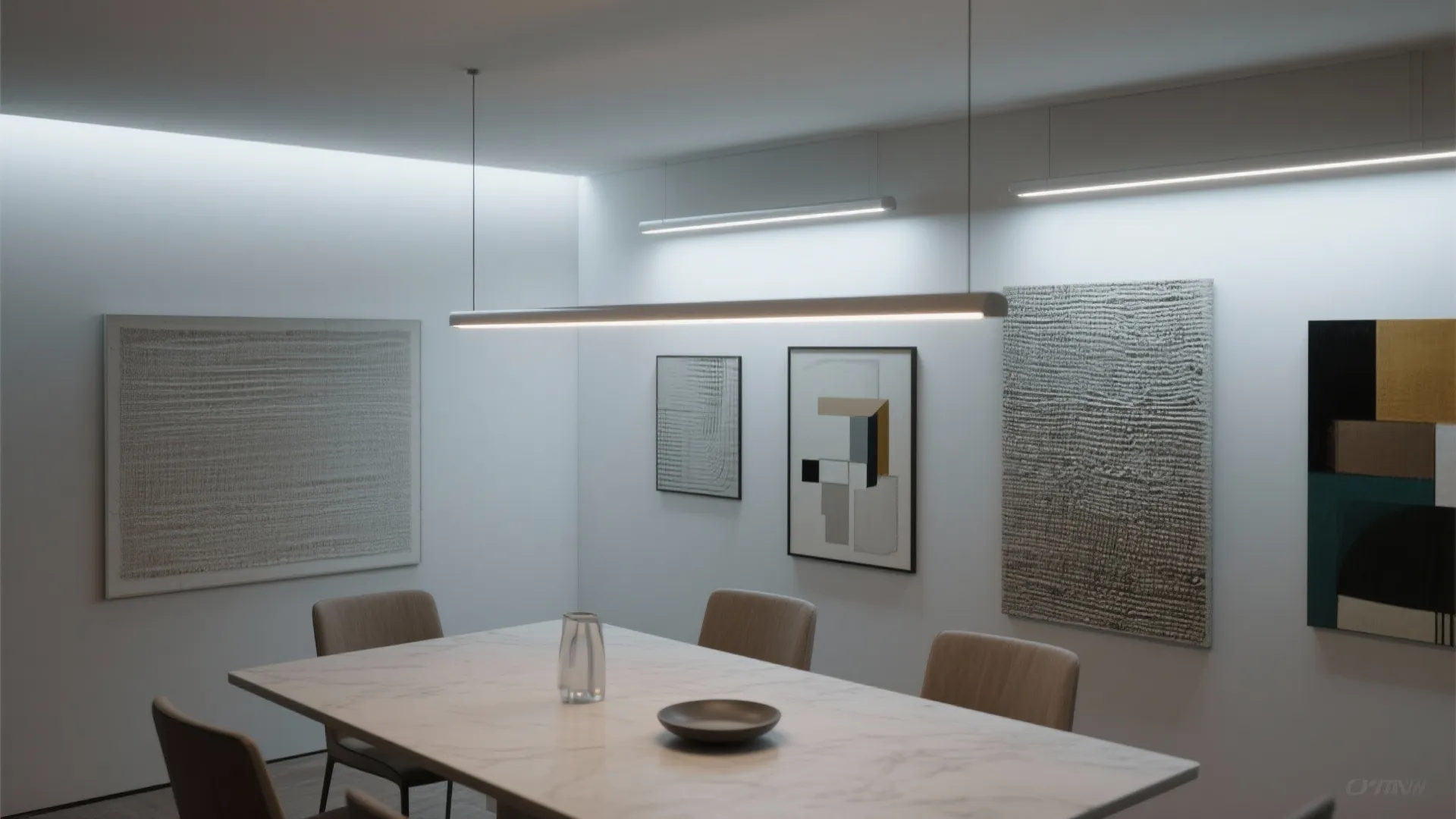 Modern dining room with minimalist LED wall washers evenly illuminating artwork on the wall.