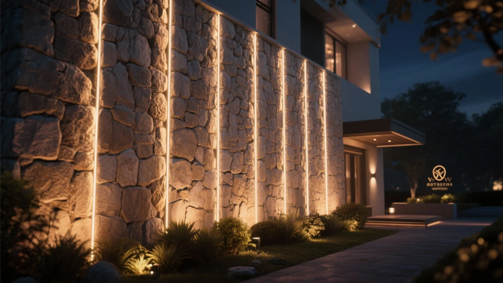 Stone wall with vertical warm light strips illuminating an outdoor garden path and house exterior