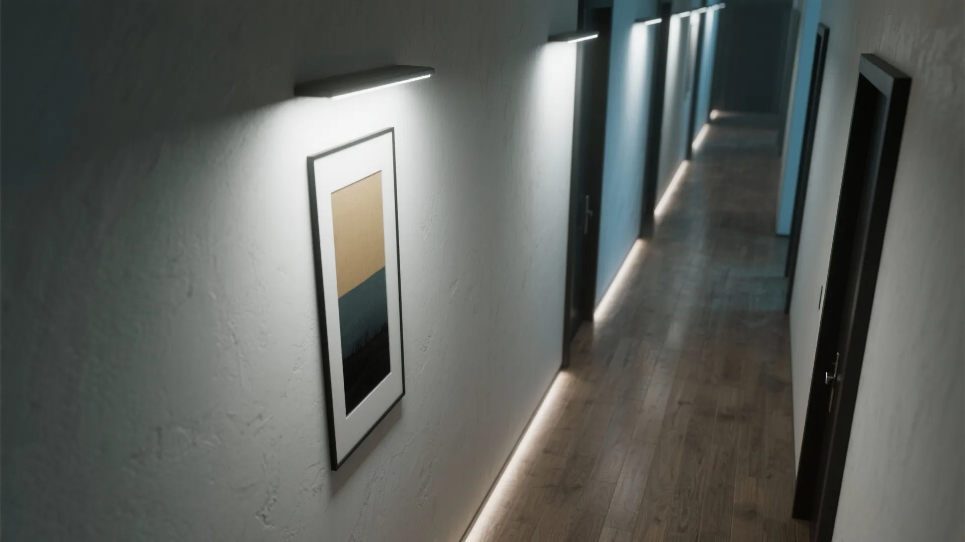 Modern narrow hallway with wall lights illuminating artwork and wooden floor in a clean apartment