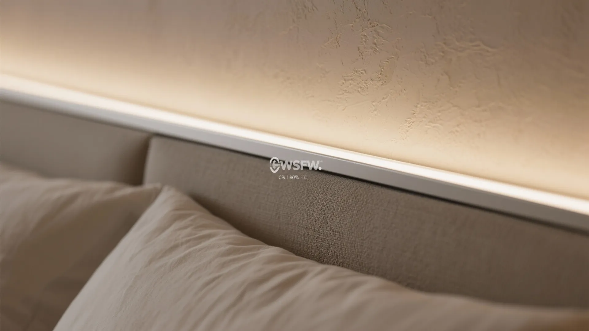 Close up of bed headboard with warm light strip shining on a soft textured wall
