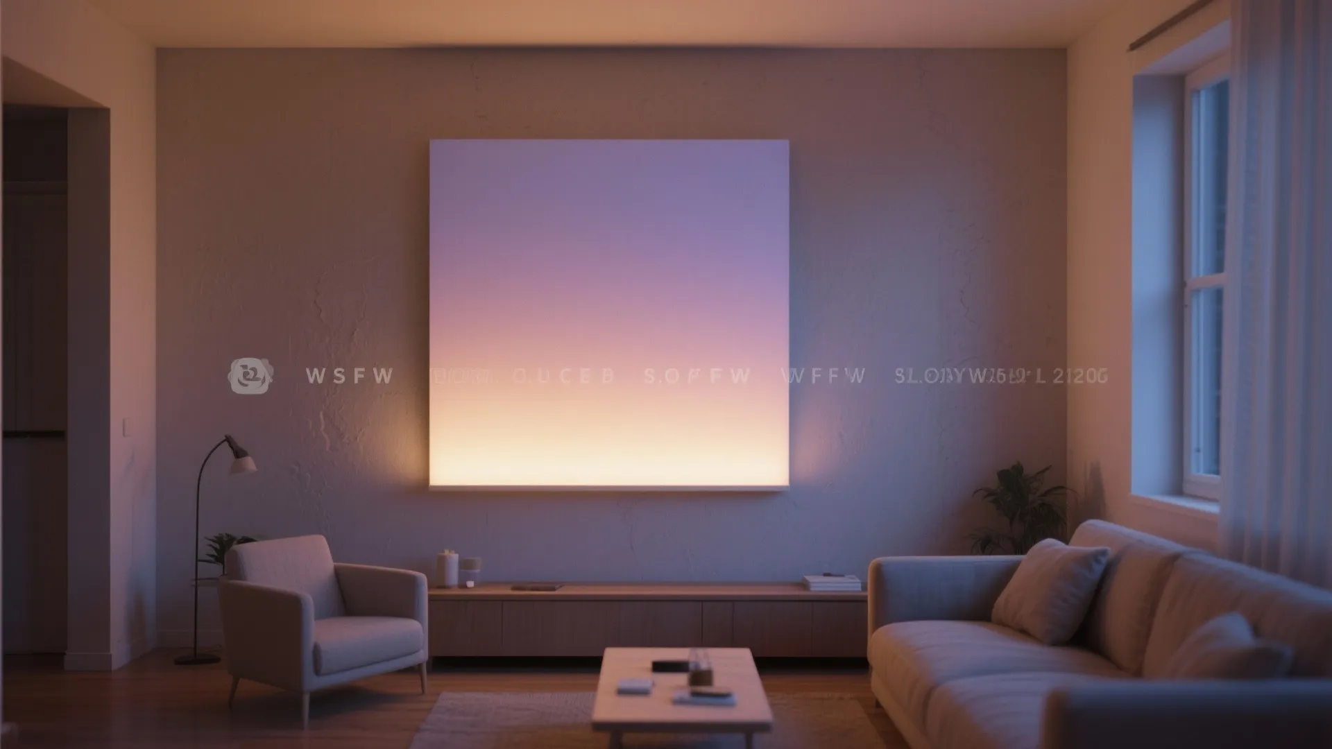 Vertical LED wall-wash panel creates a soft ambient gradient on a matte living room wall.