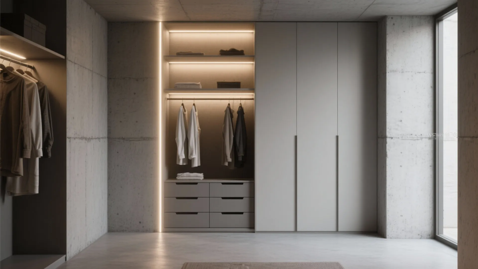 Modern grey wardrobe with led lighting strips hanging clothes drawers and textured grey concrete walls