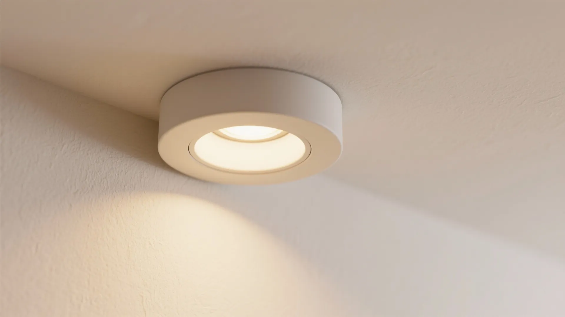 Macro of warm LED downlight illuminating a pale off-white wall with beige undertones, showing soft texture.