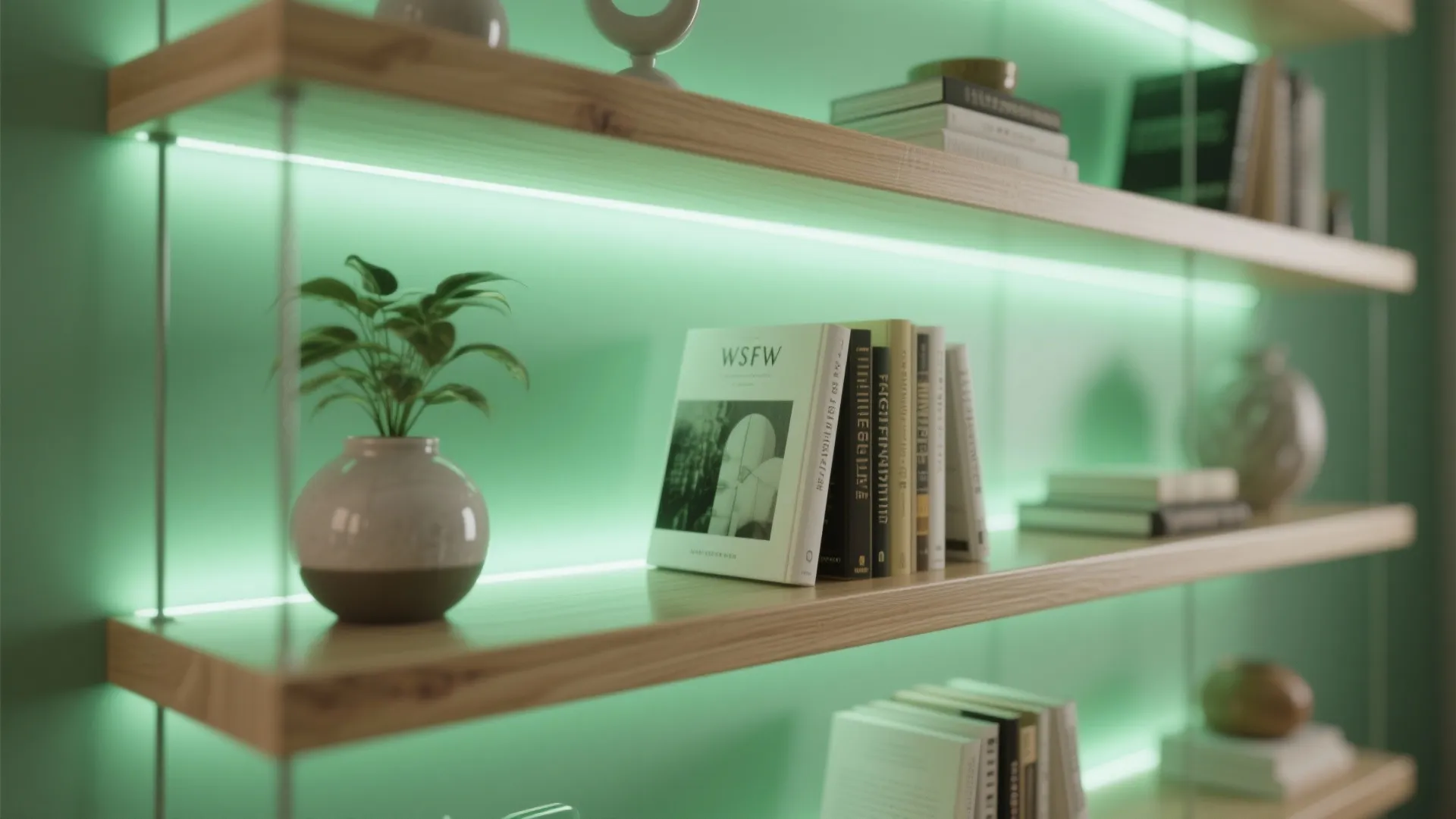 Wooden bookshelves with integrated green light fixture strips illuminating books and a small potted plant