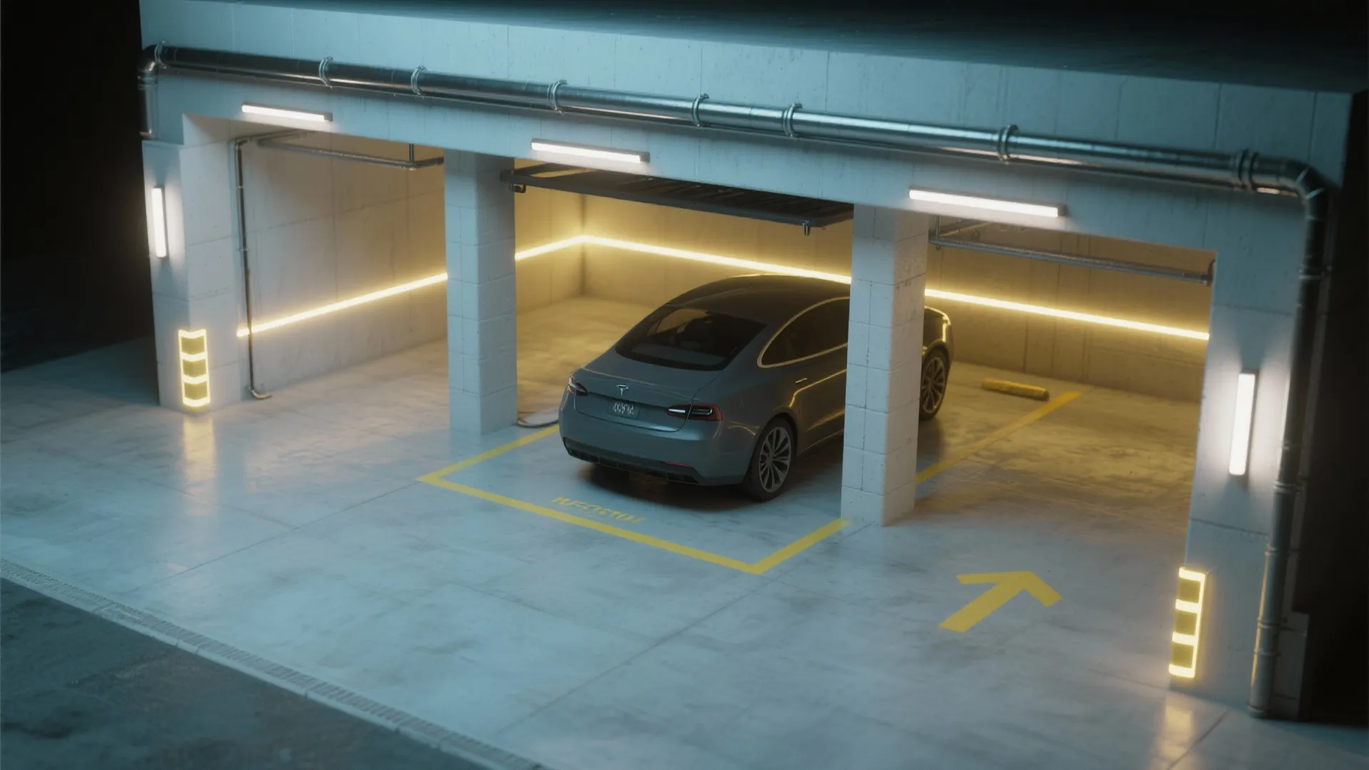 Modern garage interior design showing grey car parked in space with bright yellow floor markings
