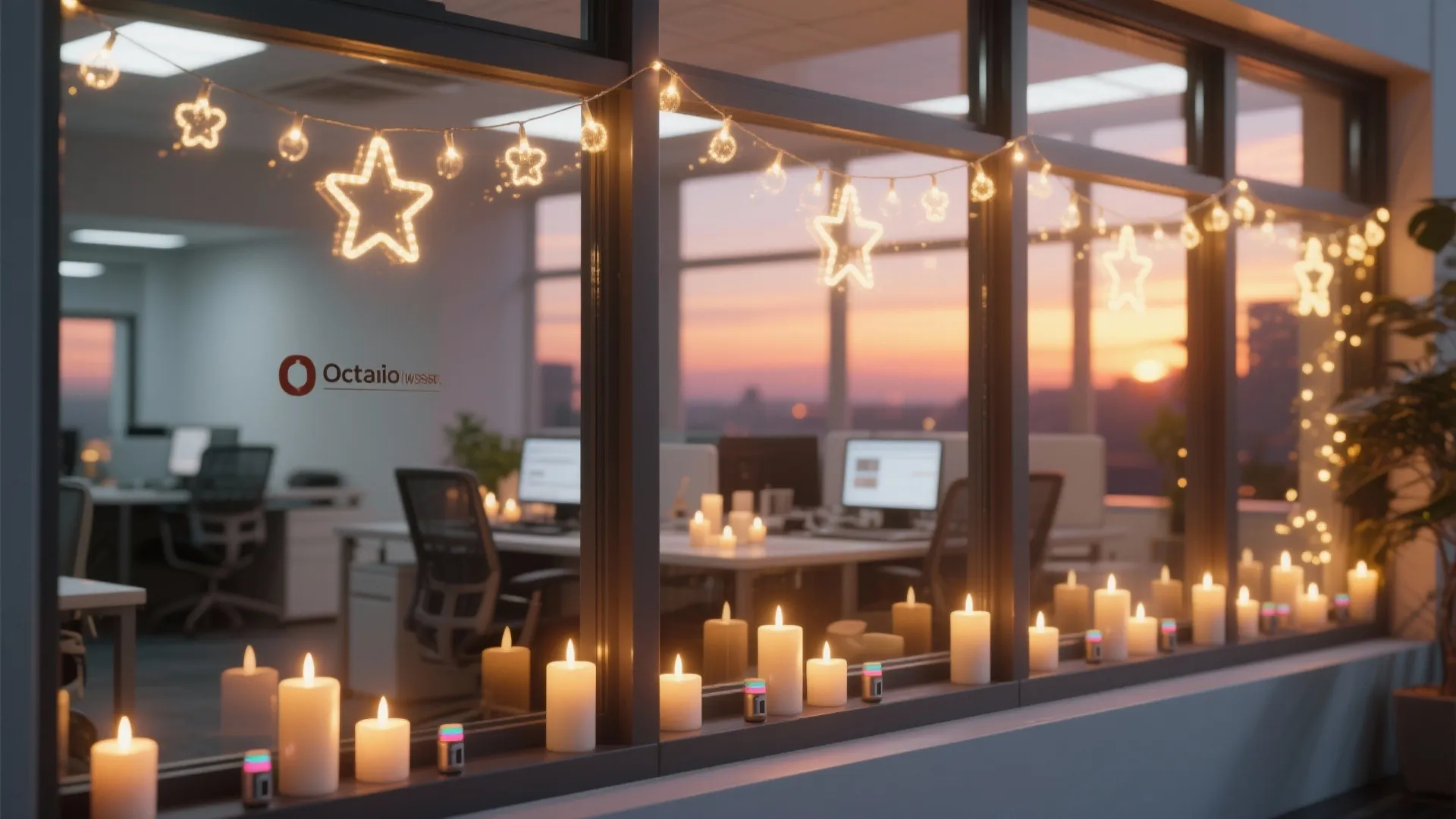 Office window ledge at sunset with star shaped string lights and many white wax candles