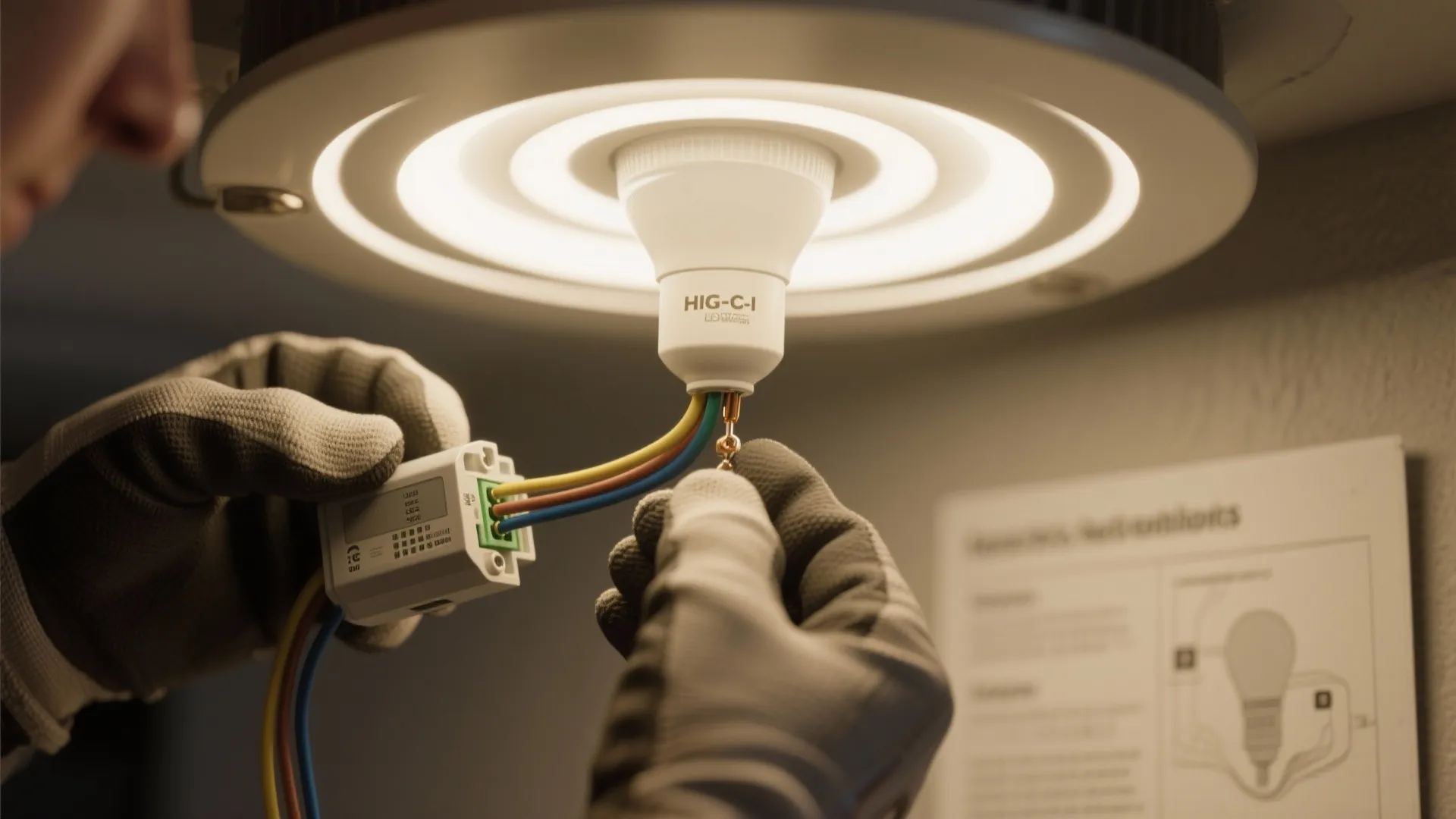 Gloved hands connecting colorful electrical wires to a small white controller for a ceiling light