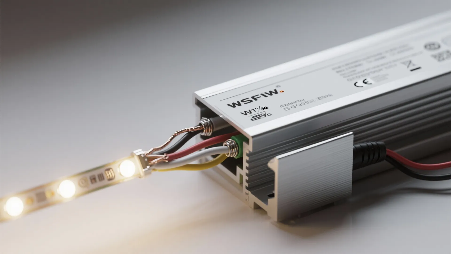 Close up of a power supply box connected to a glowing LED light strip with wires
