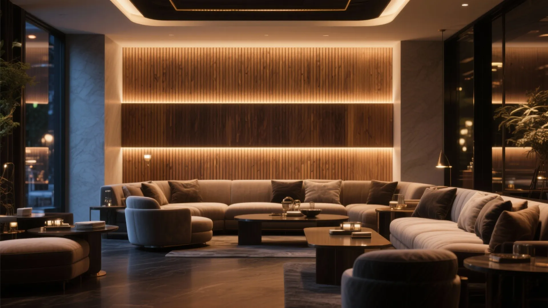 Modern luxury living room with large sofa wooden wall panel with lights and marble floor