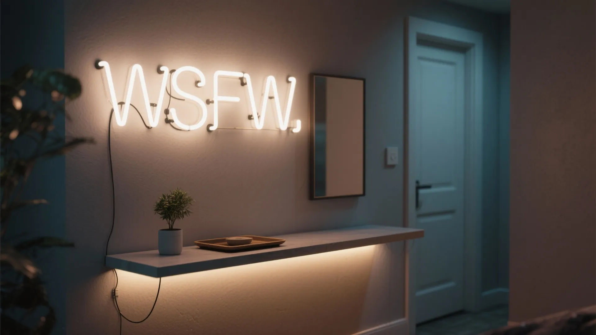 Modern hallway with a glowing neon sign on the wall above a wooden floating shelf