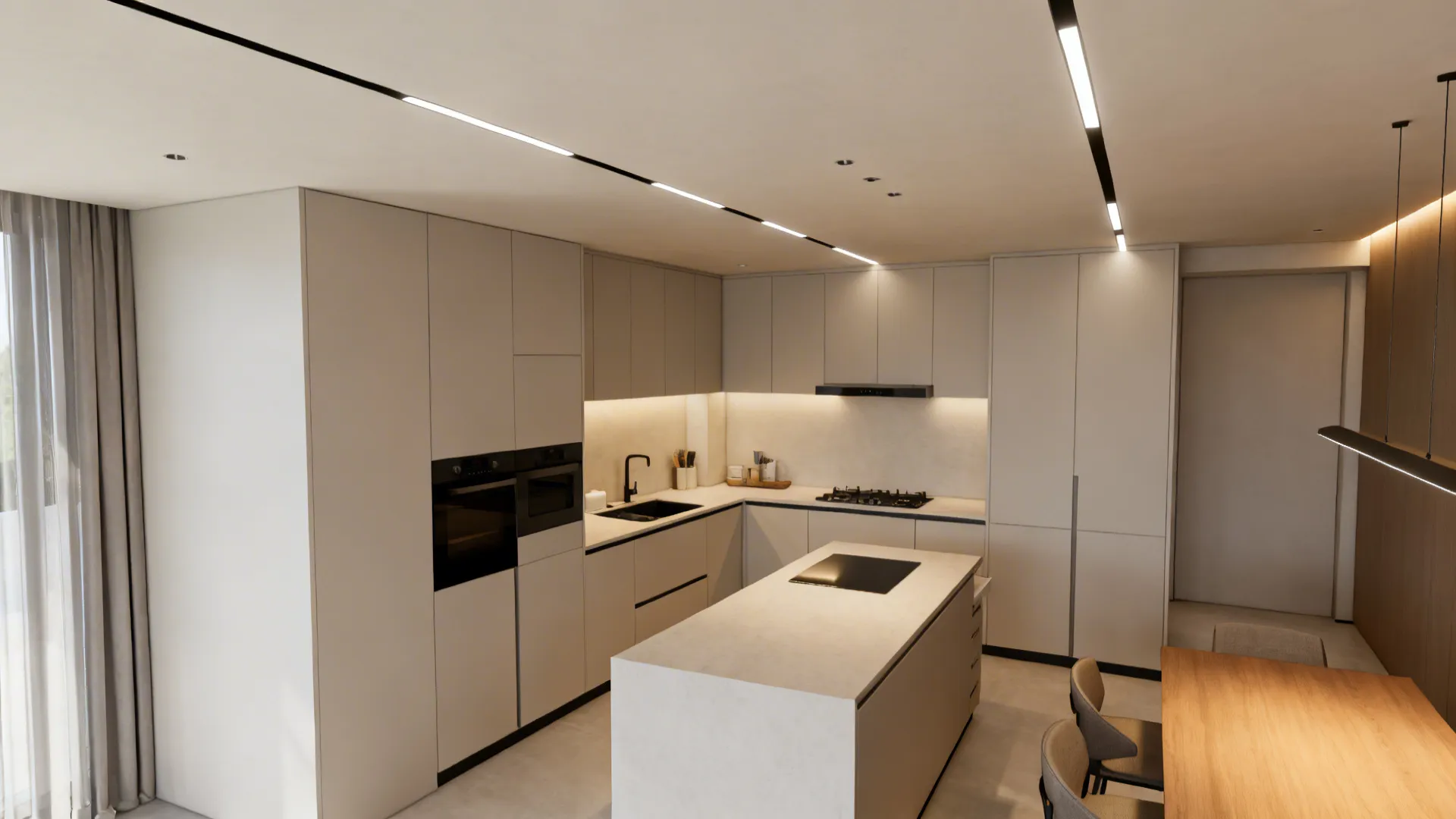 Top-down view of small kitchen with recessed linear LEDs aligned to work zones.