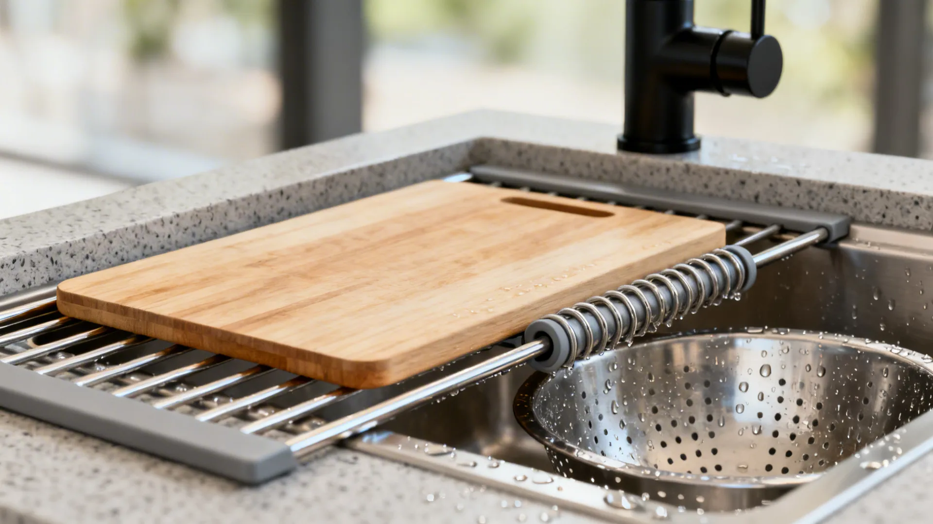 Macro detail of a ledge sink with a sliding cutting board and roll-up drying rack.