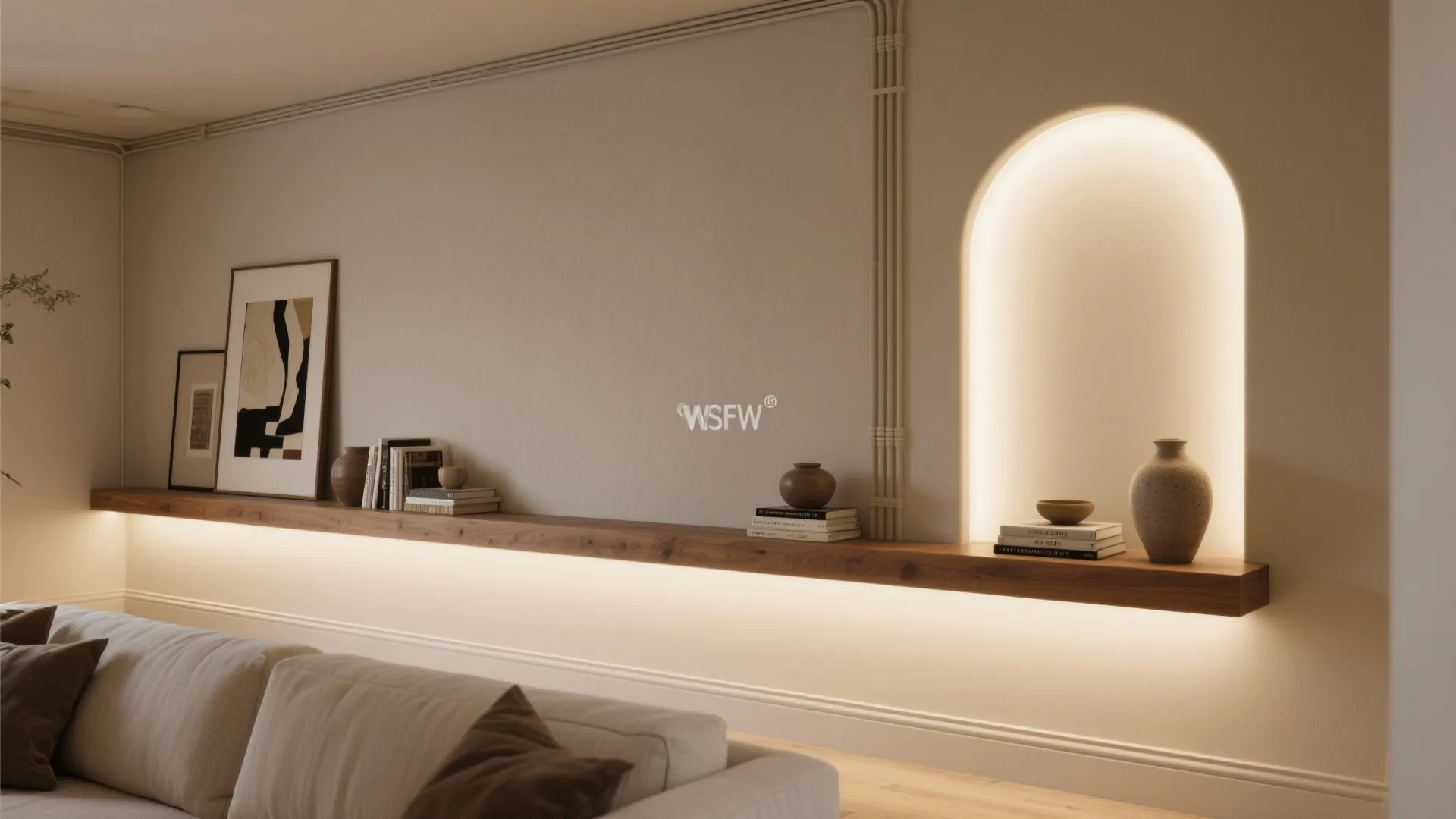 Low-profile ledge shelf and a soft arch niche