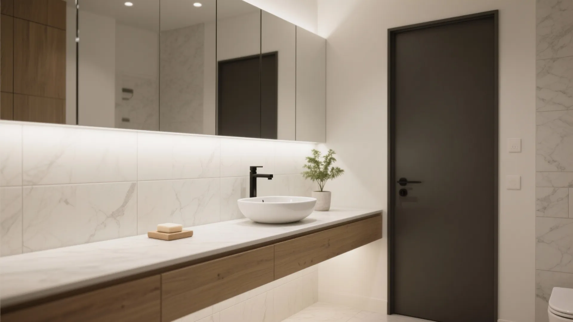 Micro countertop basin on a wall-to-wall ledge