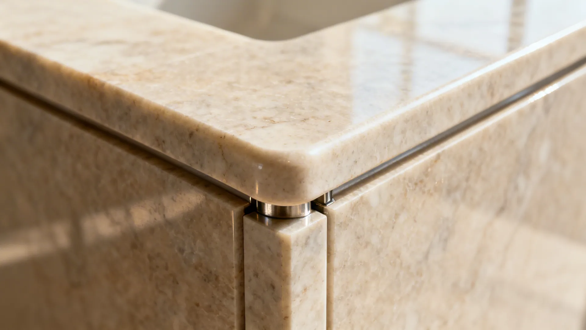 Macro of rounded quartz ledge corner on a half wall with discreet support hardware.