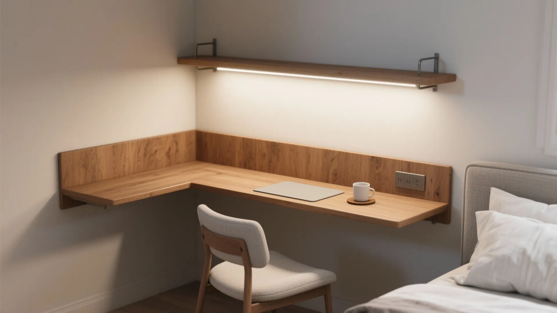 Slim Solid-Wood Ledge Desk With Integrated Lighting