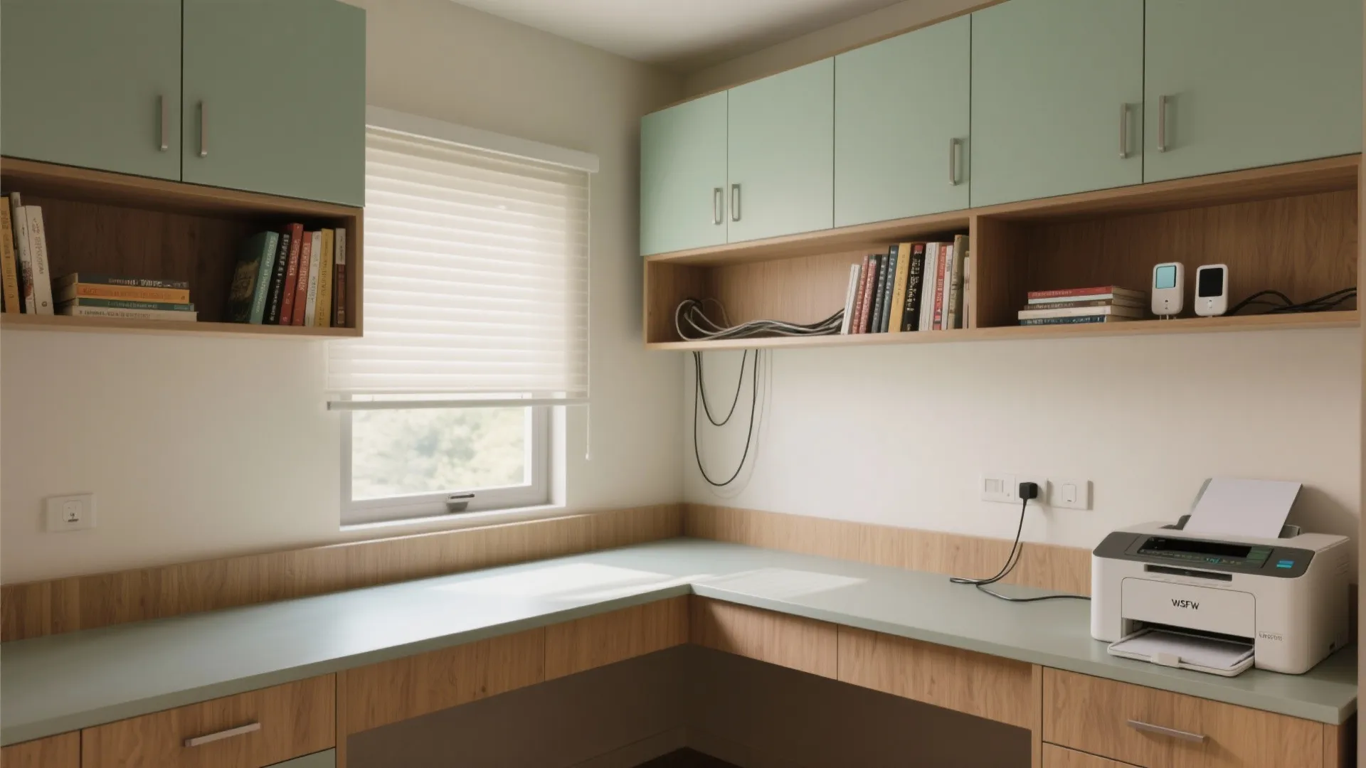 Idea 1: Wall-to-wall ledge desk with floating storage