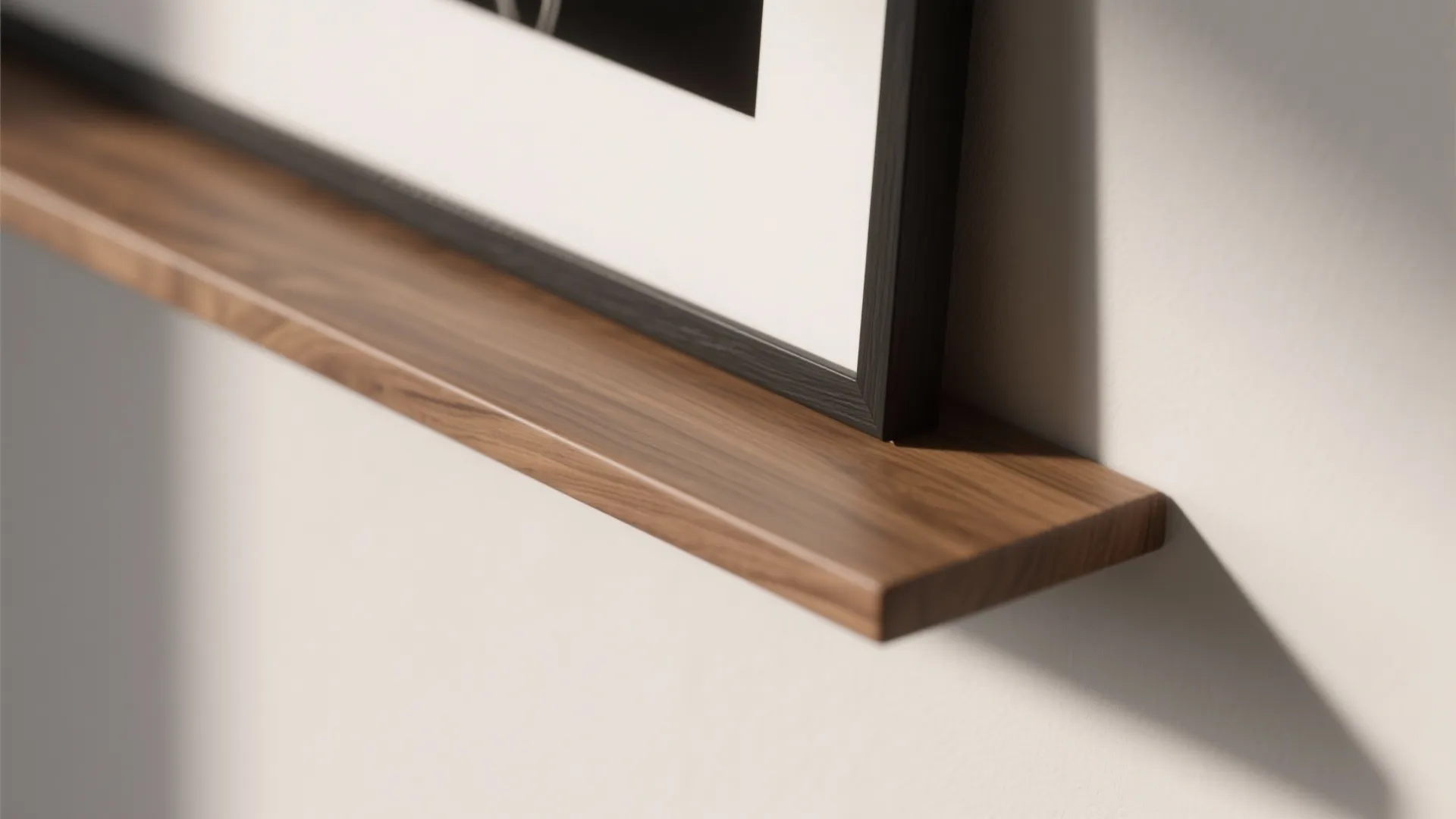 Close up of a wooden wall shelf holding a black picture frame in a bright room