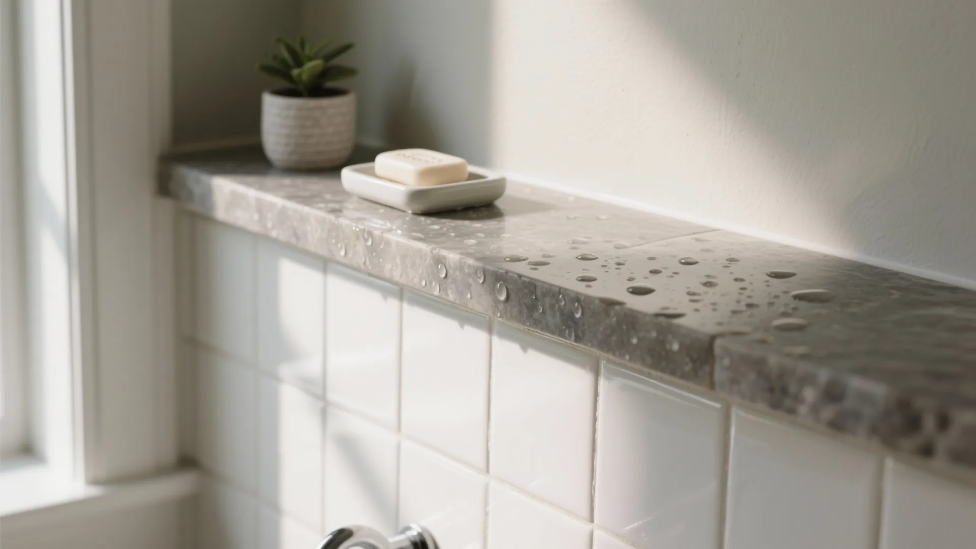 Macro detail of a slim stone cap ledge atop half-height tile with a clean silicone seam and micro-bevel.