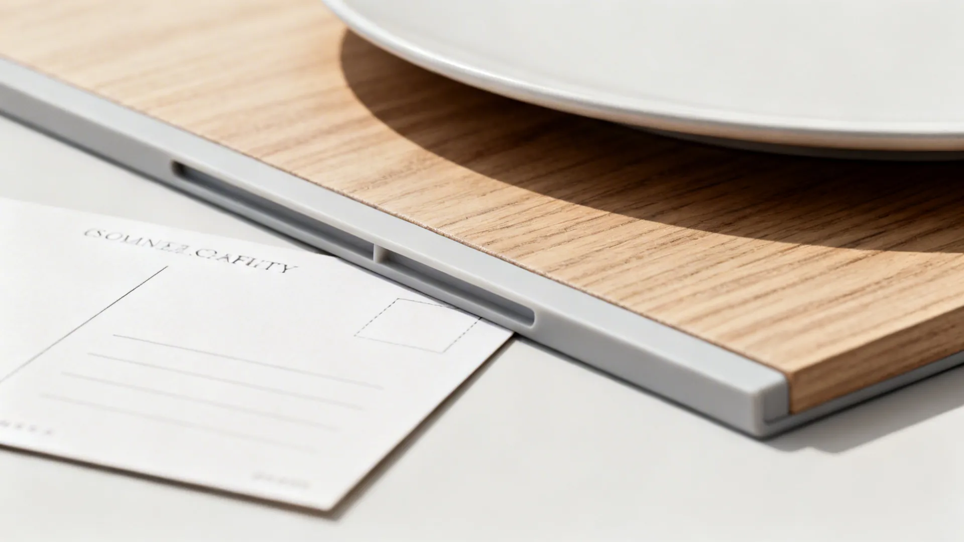 Macro of a slim plate ledge with a groove securing a plate and layered postcard.