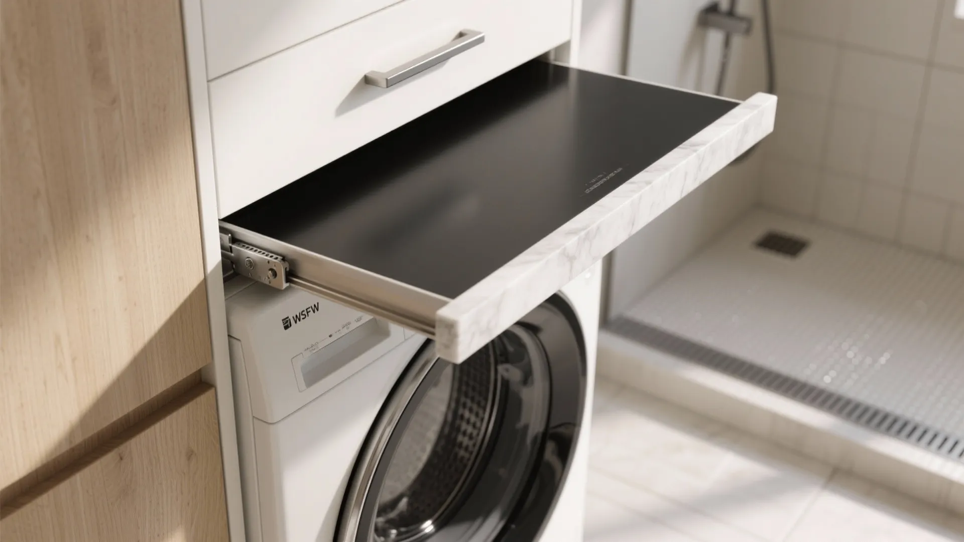 Pull out laundry shelf with marble trim above white washing machine in modern tiled bathroom
