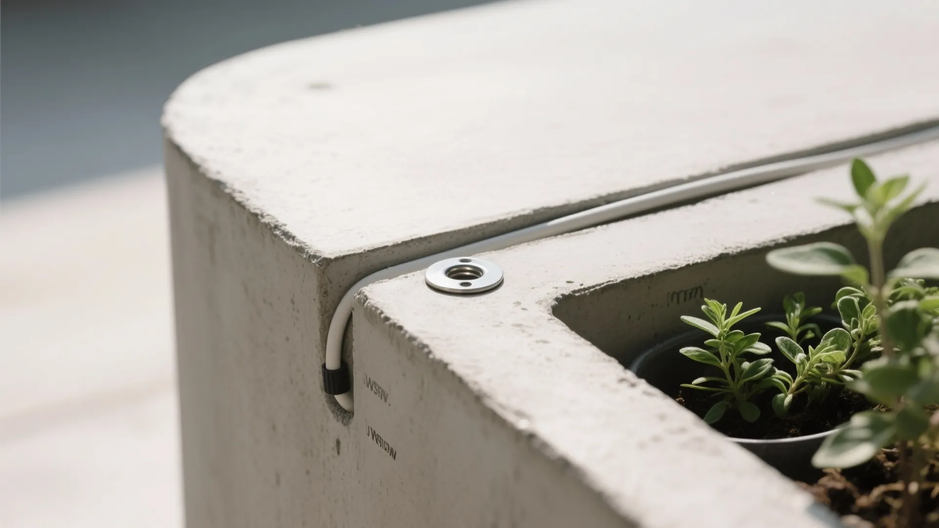 Close up view of a concrete planter edge with a metal bolt and small green plants