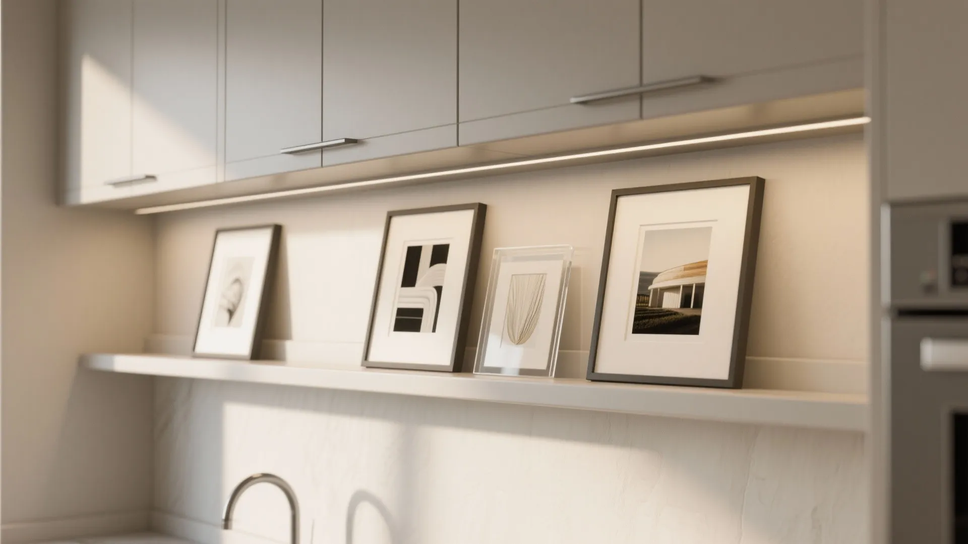 Modern kitchen shelf with framed art pictures under white cabinets with built in light fixture