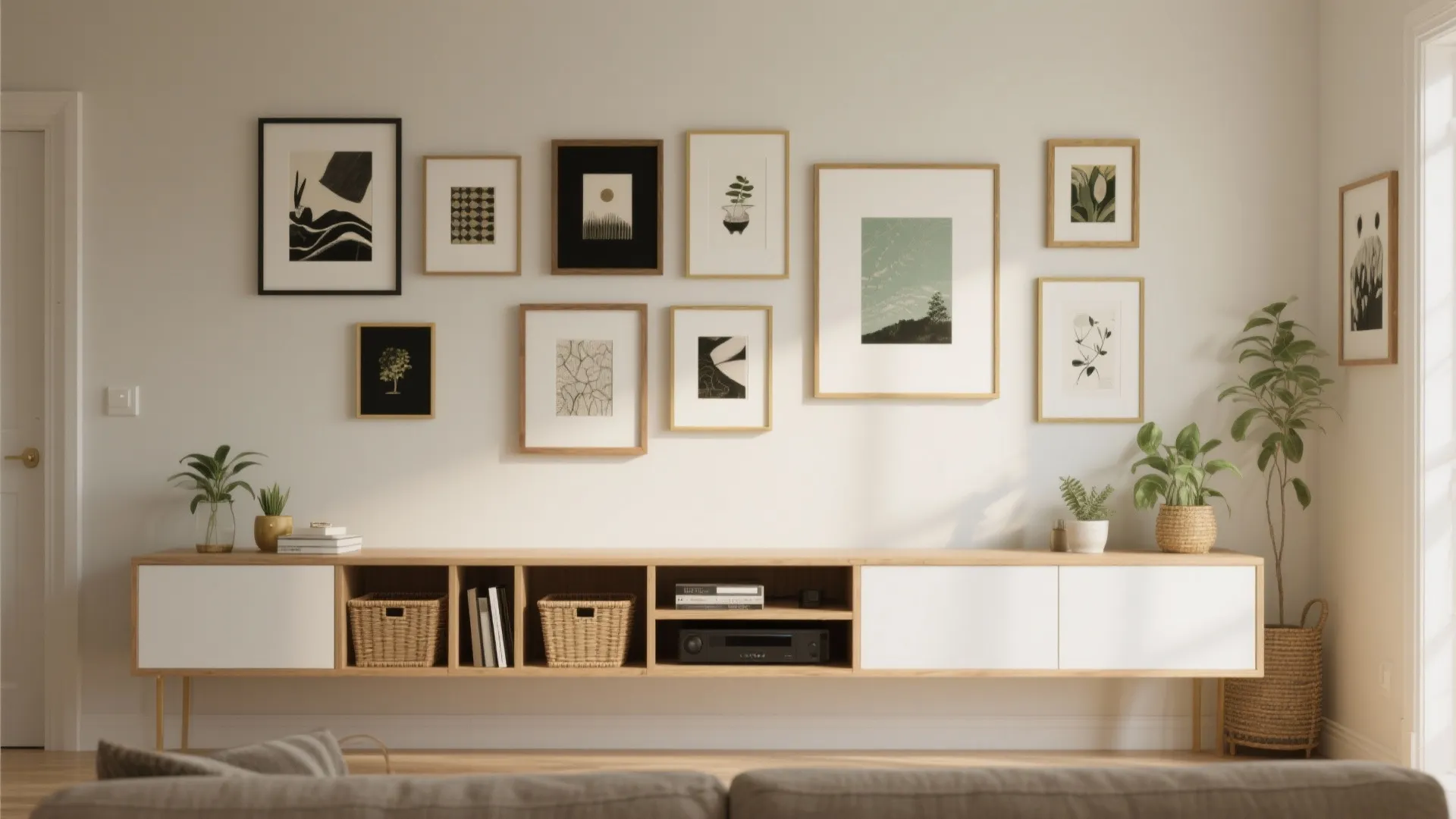 Gallery wall with picture ledge, shallow credenza, plants, and hidden storage.