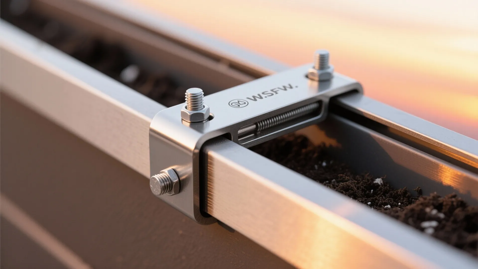 Close-up of stainless hinge and bracket on a fold-down ledge planter with flexible soil lip.