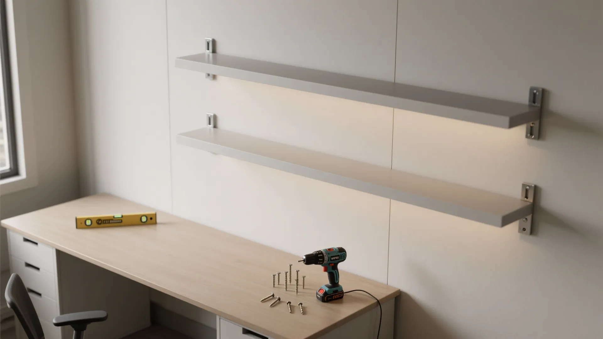 Modern home office desk showing power drill and screws for installing two white wall shelves