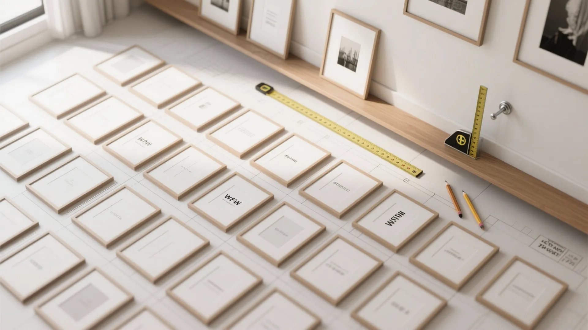 Many small wooden picture frames organized on a white floor with yellow measuring tape and pencils