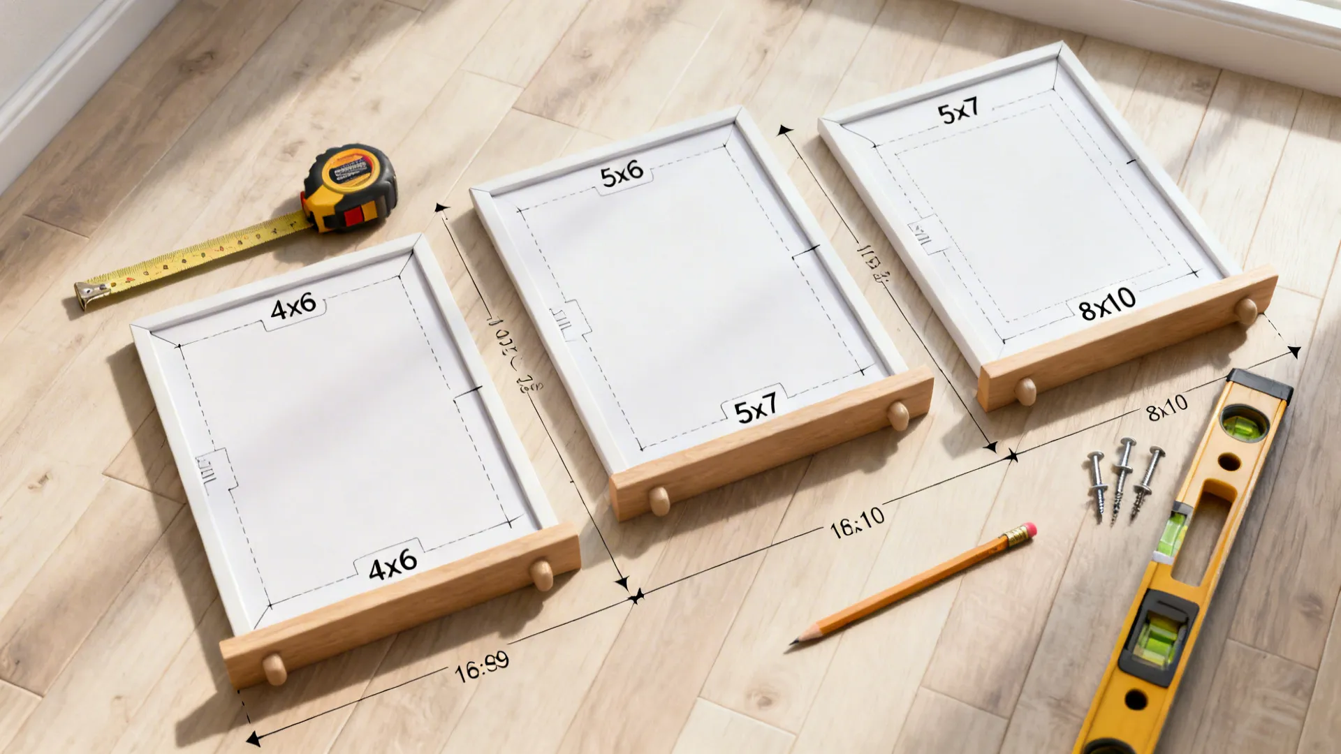 Three white picture frames on wood floor with tape measure pencil level and metal screws