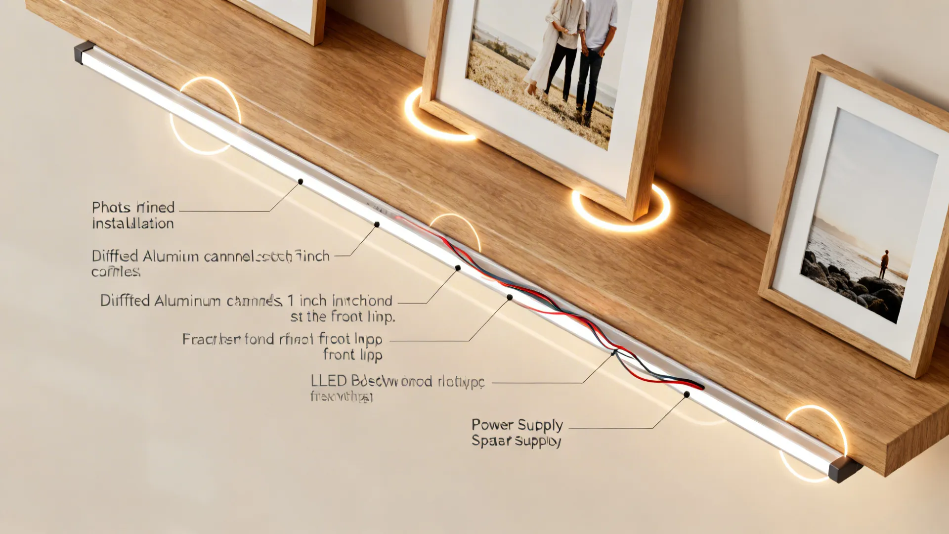 Top-down diagram of LED strip and diffuser placement for backlit photo ledges.