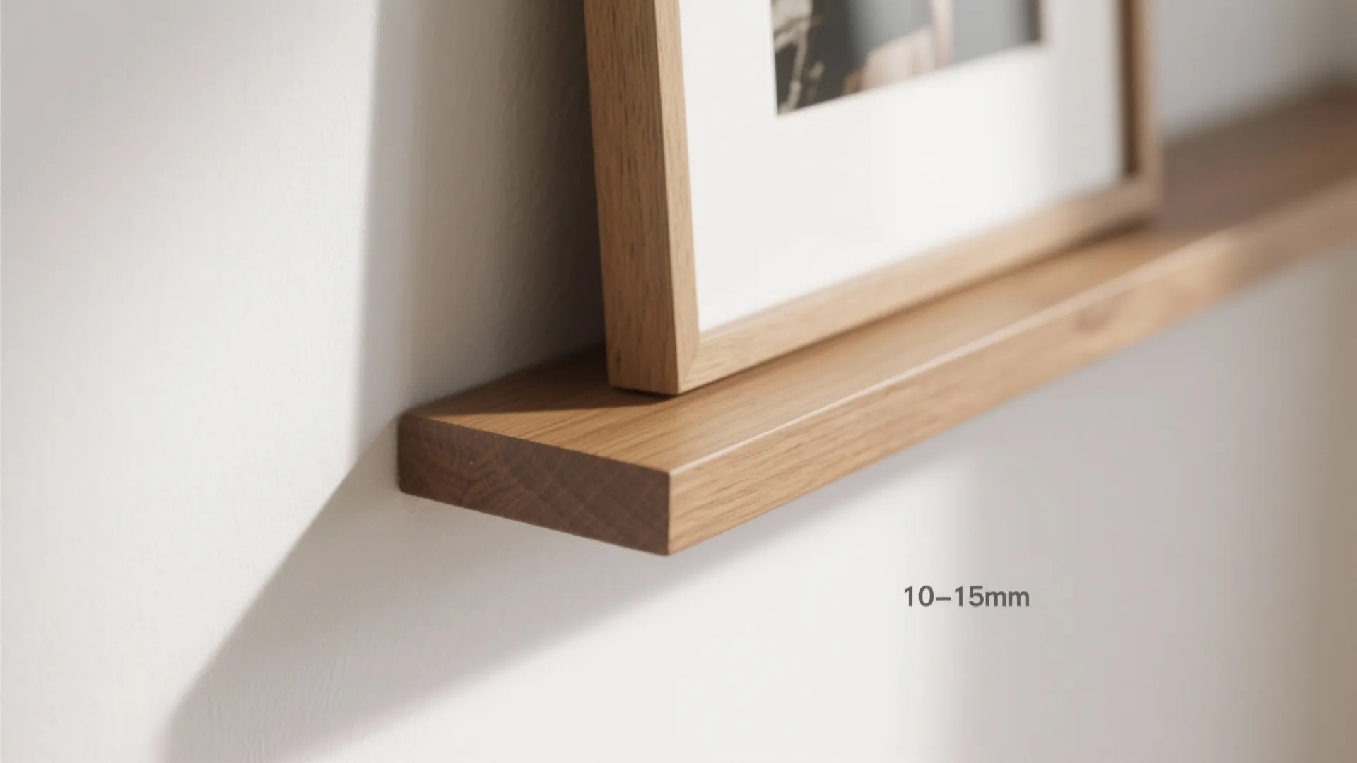 Macro of a picture ledge front lip holding a framed print securely, in warm wood.