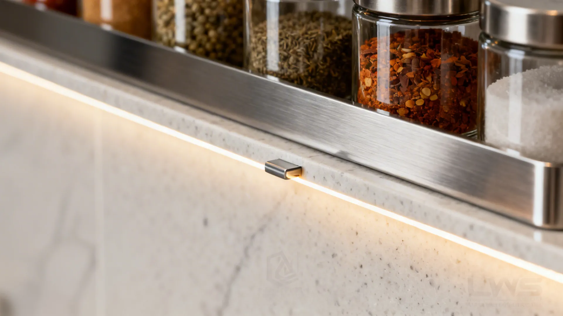 Macro of a quartz ledge with a small front lip and a stainless magnetic strip holding a spice jar under LED light.